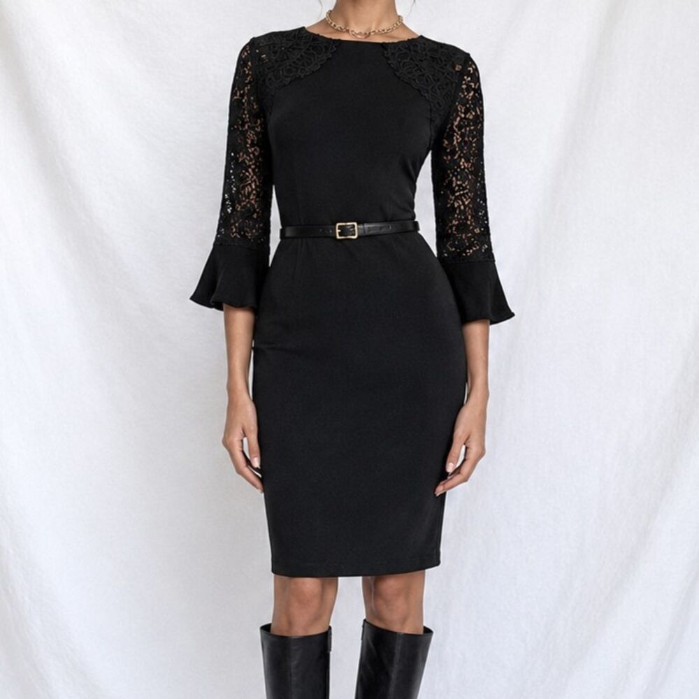 Vintage Y2K Black Long Lace Bell Sleeves Knee Length Cocktail Shift Dress Size M